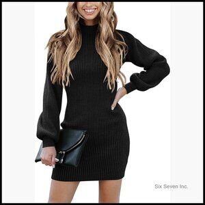 Long Sleeve Mock Neck Rib Knit Stretch Slim Fitted Bodycon Sweater Mini Dress